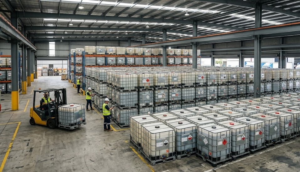 Large-scale IBC tote warehouse with workers and forklifts processing hundreds of containers