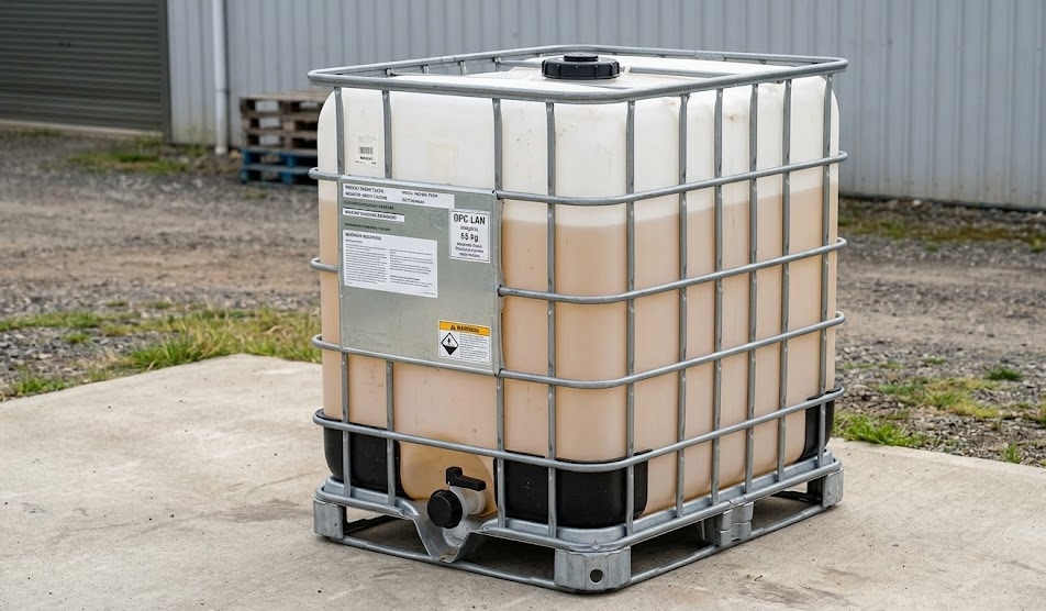Single IBC tote close-up showing cage structure and valve