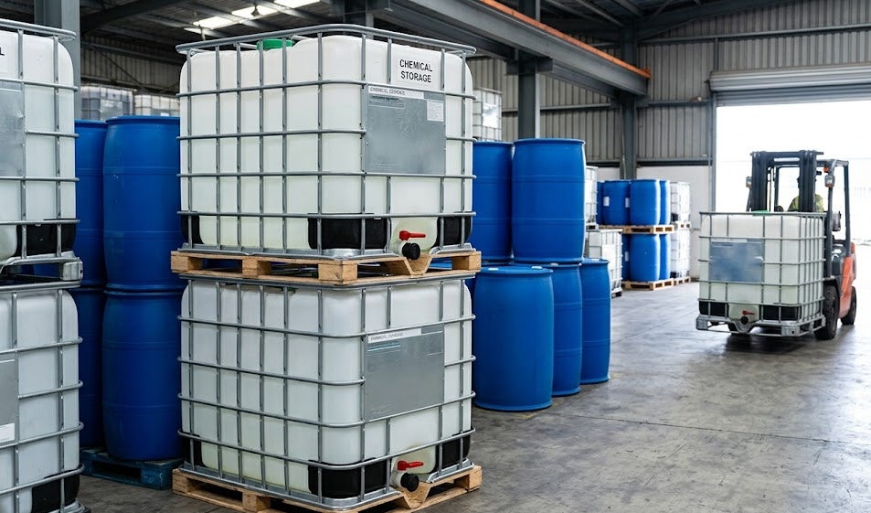 IBC totes alongside blue drums in warehouse with forklift