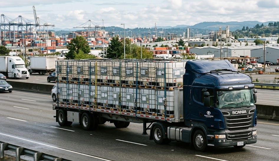 Semi truck transporting IBC totes on highway