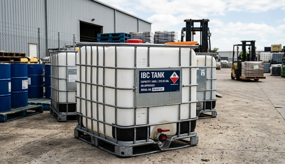 IBC tote close-up with IBC TANK label at our Charlotte facility